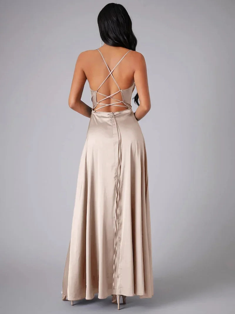 Women's silk maxi dress with low back neckline, suitable for formal occasions - Masha