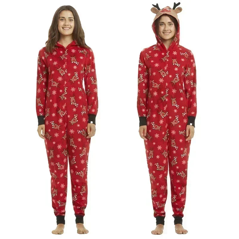 One-piece elk ear hooded jumpsuit and matching Christmas pajama set for the whole family - Elkax