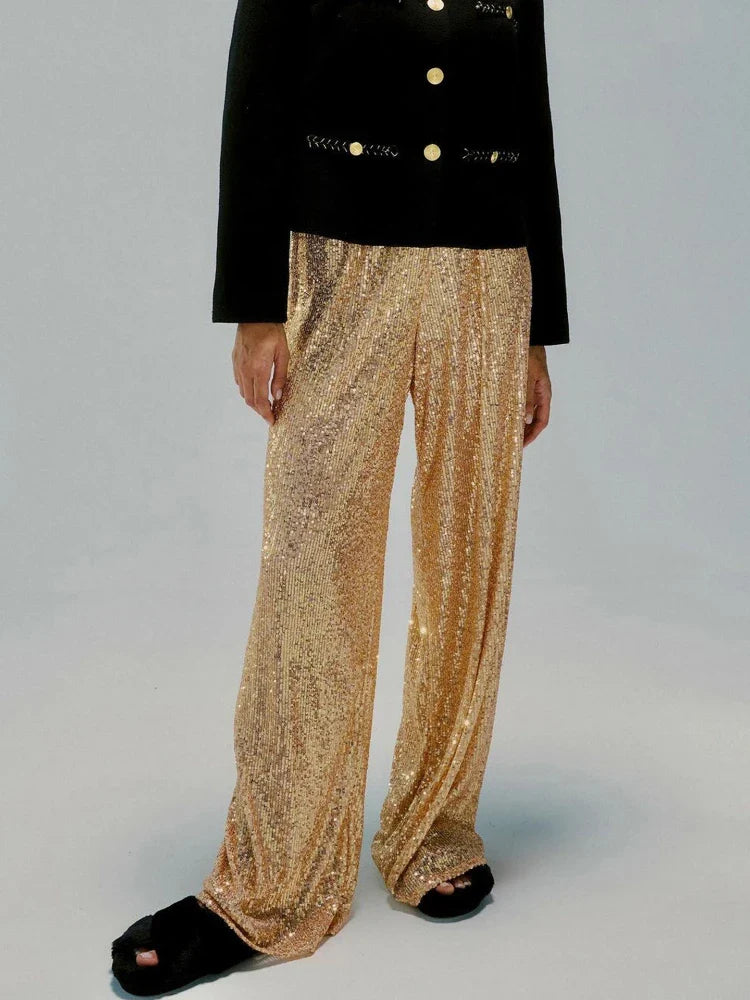 Silk sequined flared trousers for women | Shaki