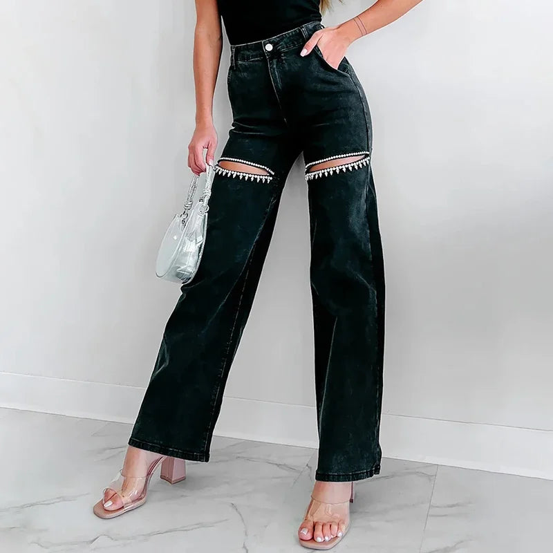 Slim fit diamond patchwork denim trousers for women - Whitny