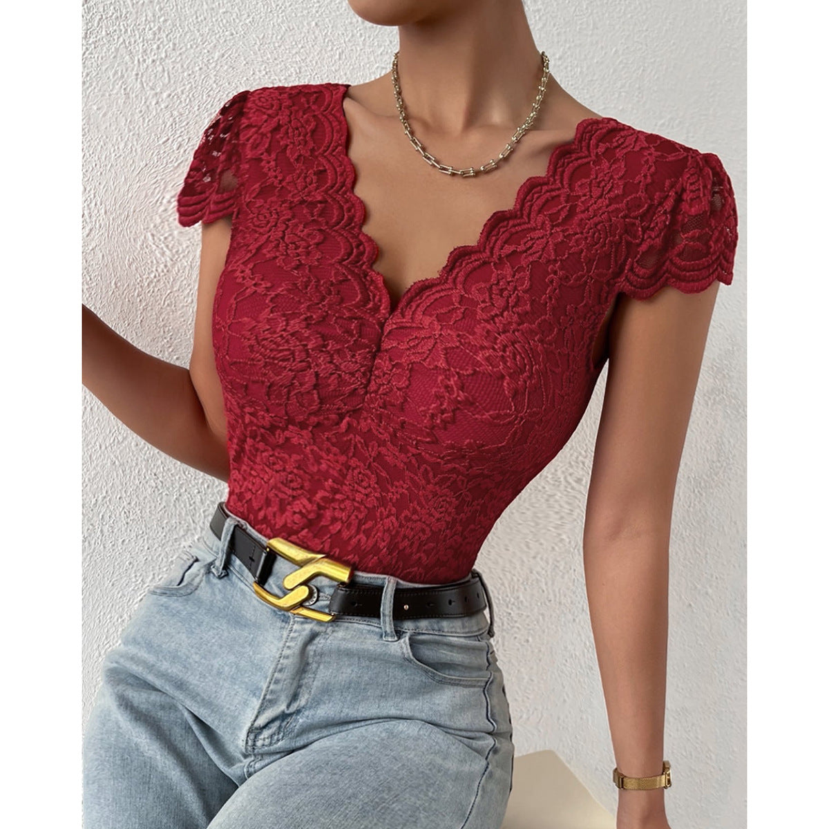 Short Sleeve V-Neck Lace Bodysuits | Azalea