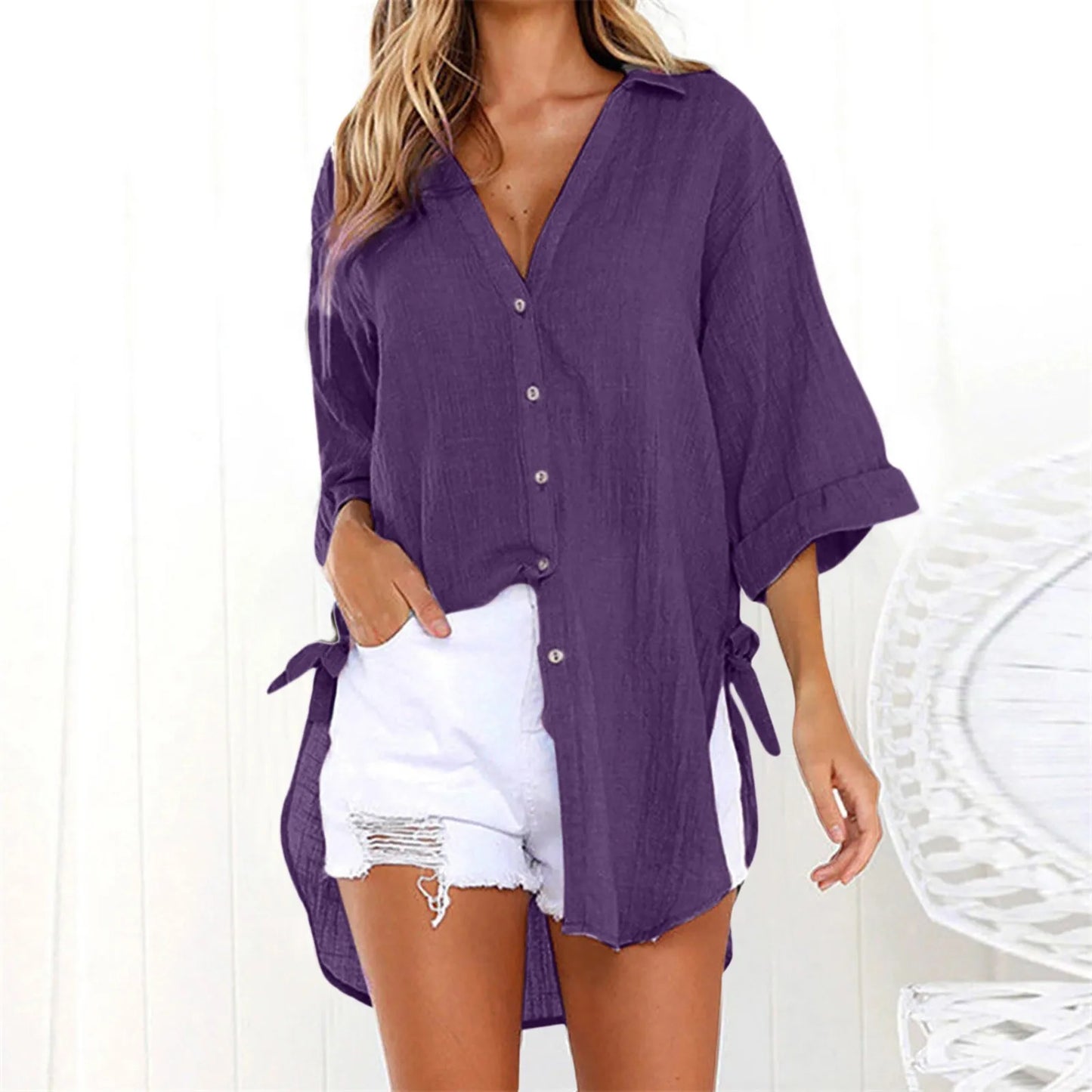 Oversized Short Sleeve Linen Button Shirt for Women | Samir