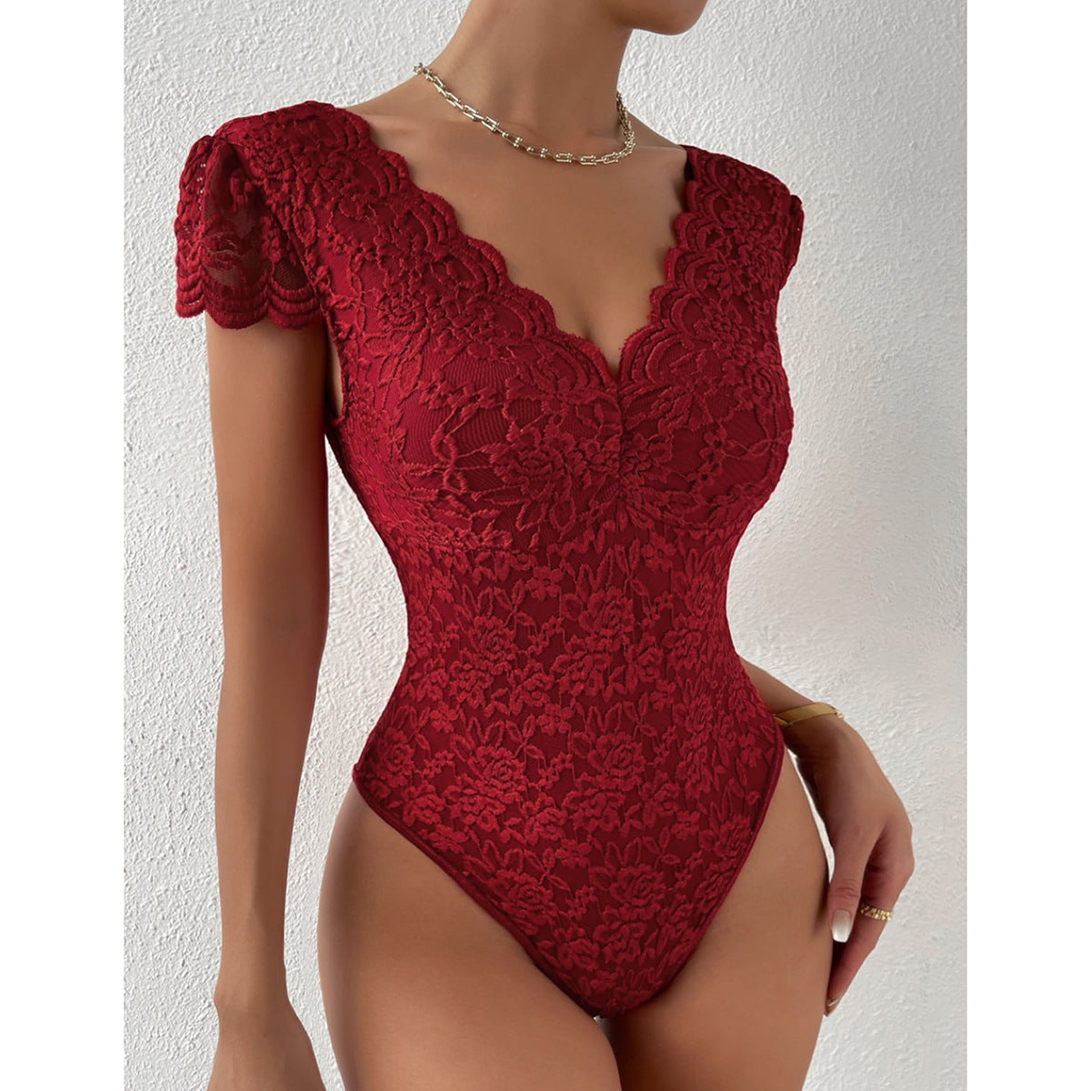 Short Sleeve V-Neck Lace Bodysuits | Azalea