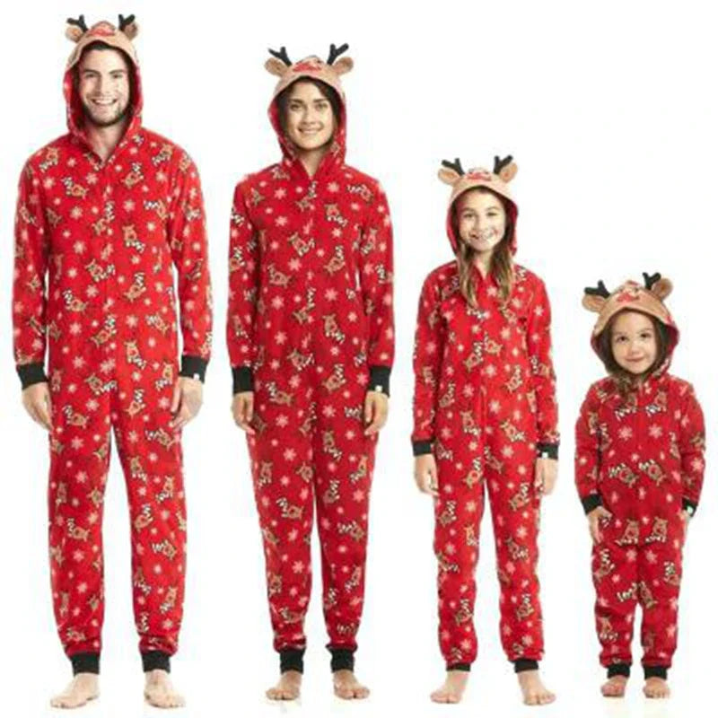 One-piece elk ear hooded jumpsuit and matching Christmas pajama set for the whole family - Elkax