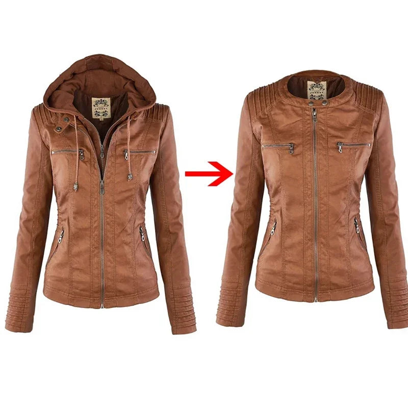 Comfort Winter Leather Jacket with Hood | Carina