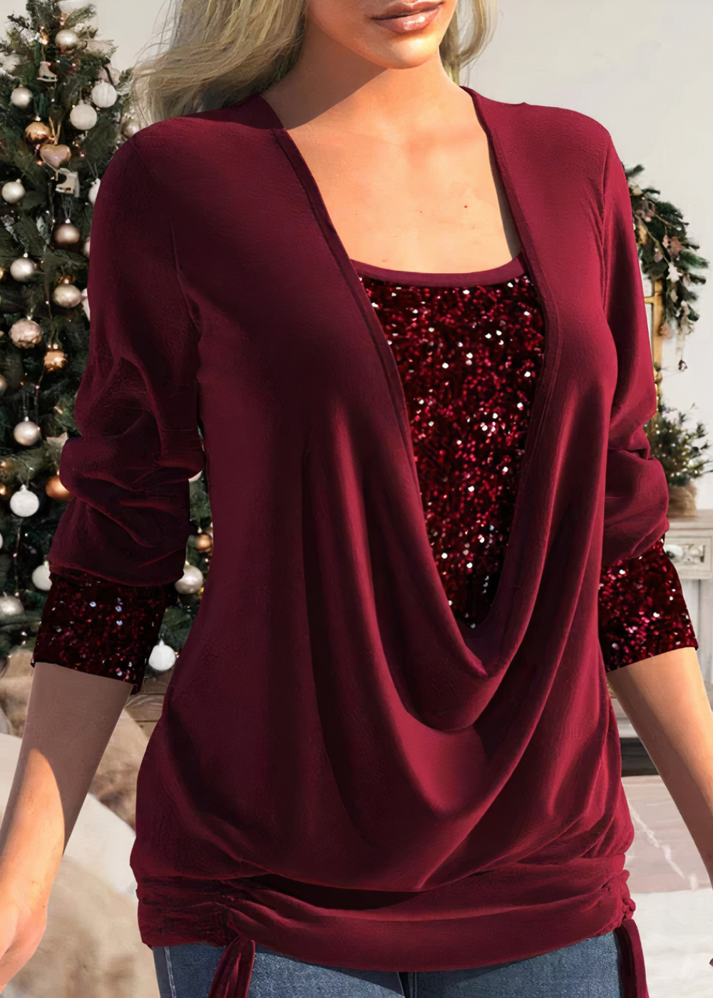 Cowl Neck Glitter Women Blouse | Veltan