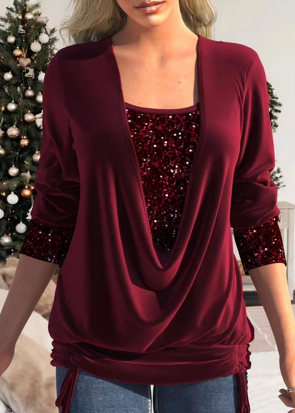 Cowl Neck Glitter Women Blouse | Veltan