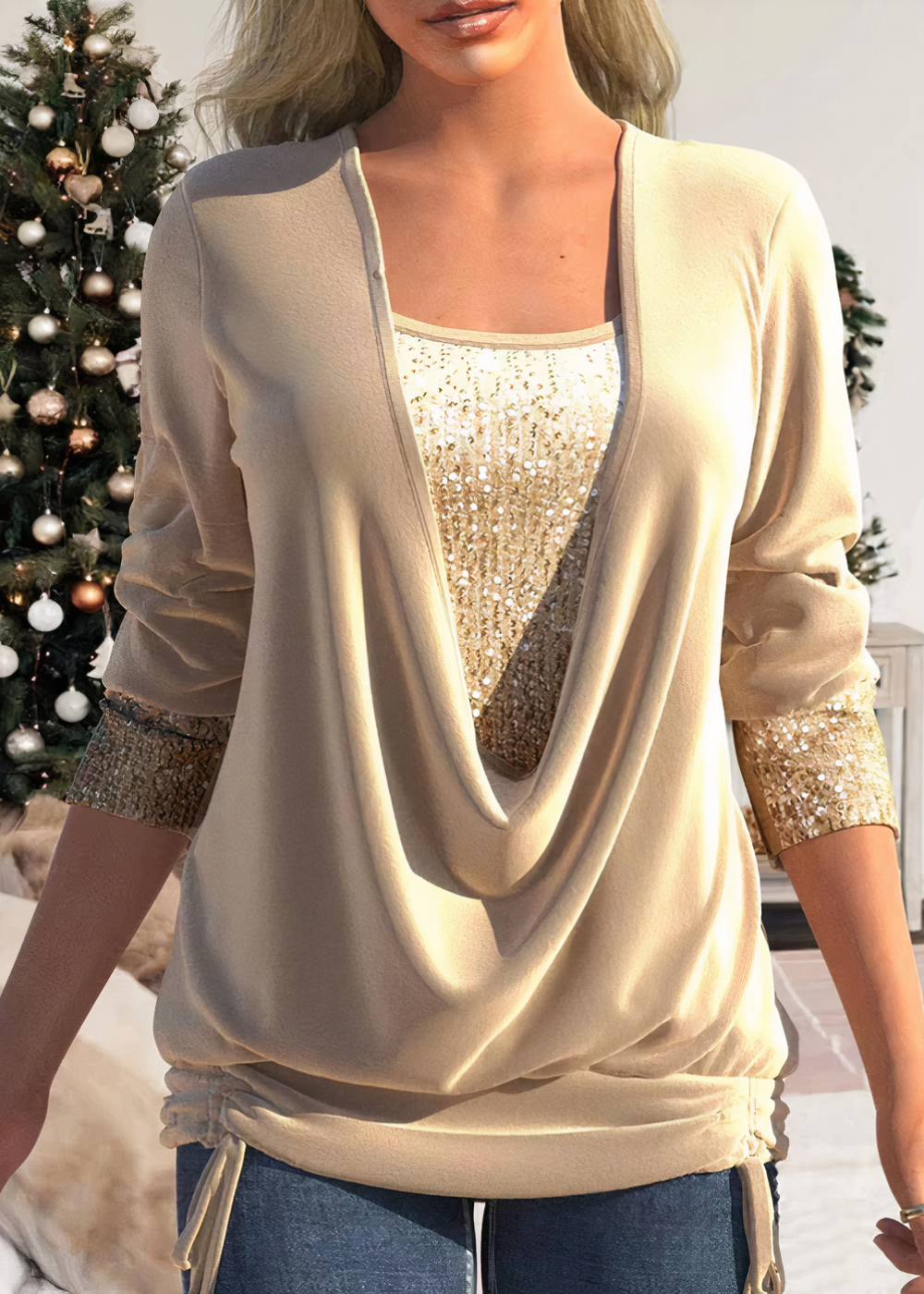 Cowl Neck Glitter Women Blouse | Veltan