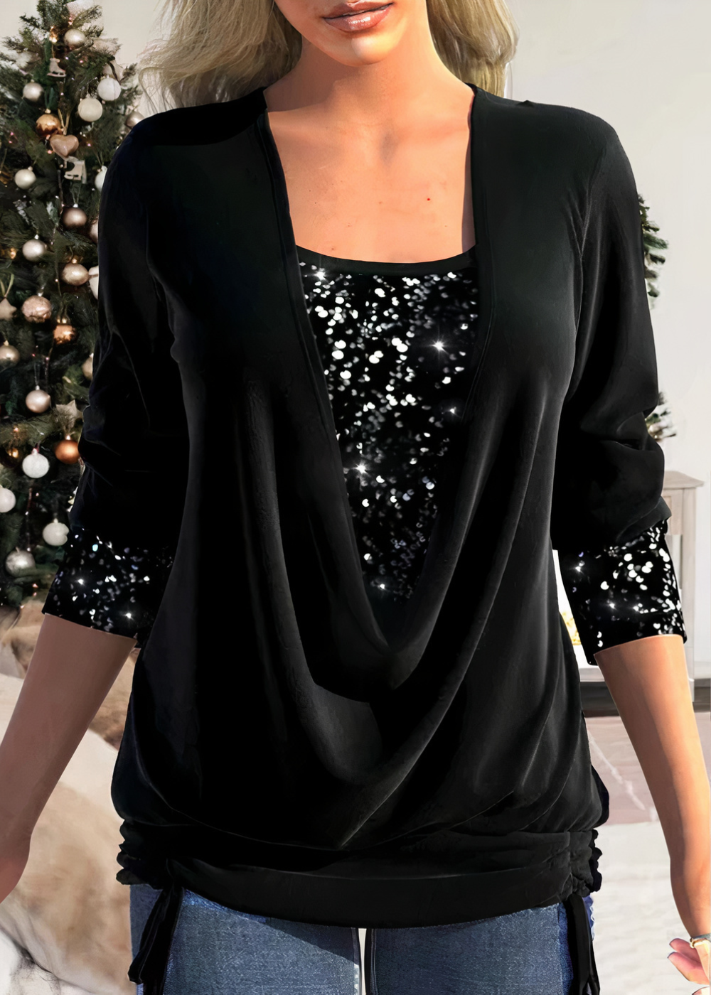 Cowl Neck Glitter Women Blouse | Veltan