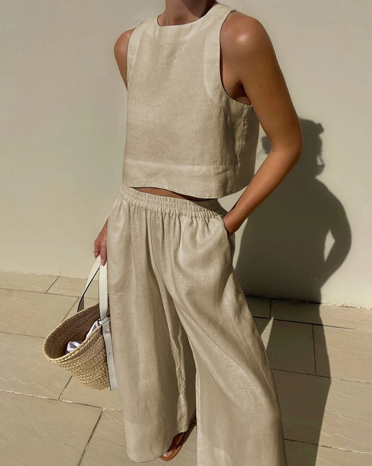 Sleeveless Linen Top and Elastic Waist Pants Tow Piece Set for Women | Marleigh