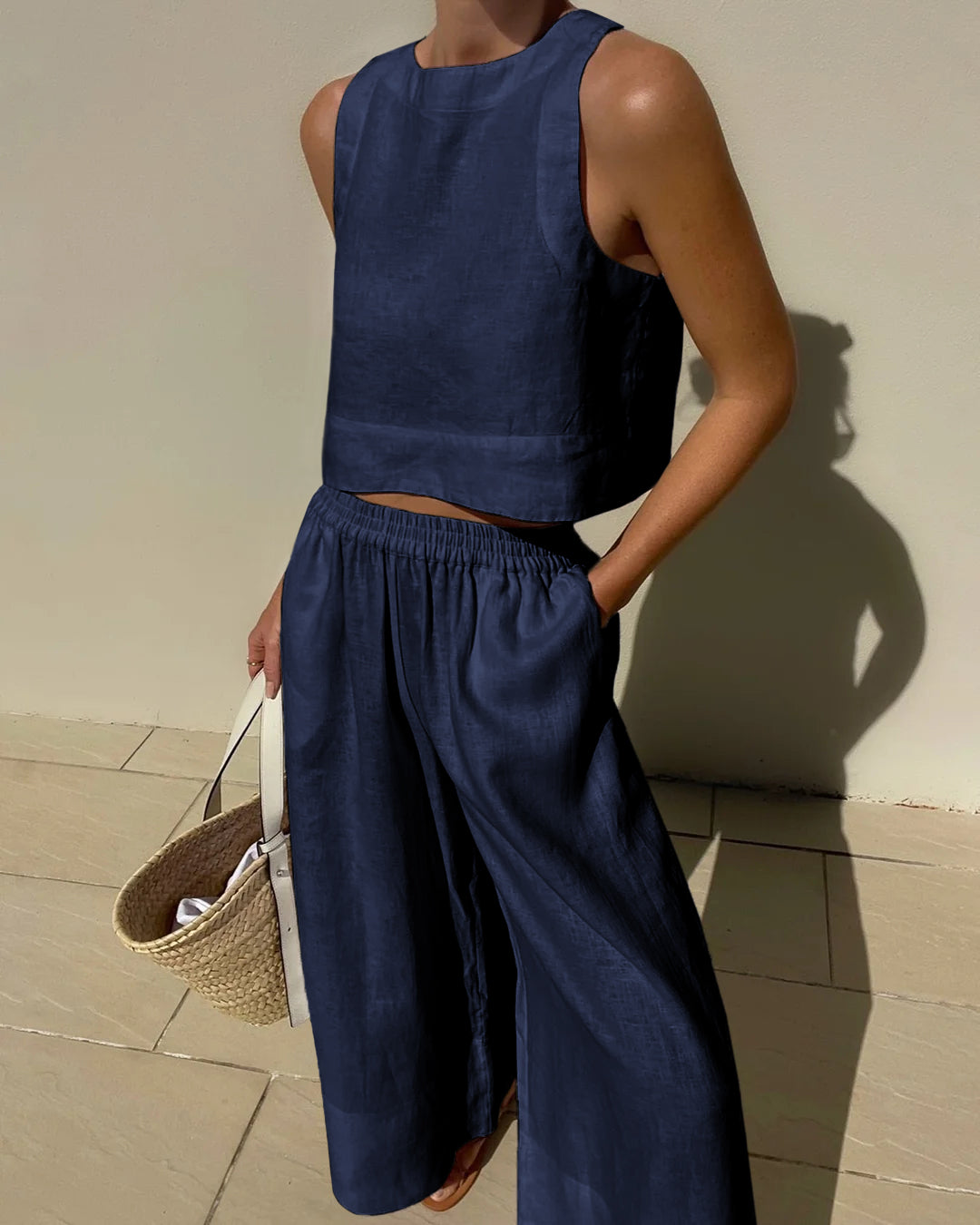 Sleeveless Linen Top and Elastic Waist Pants Tow Piece Set for Women | Marleigh