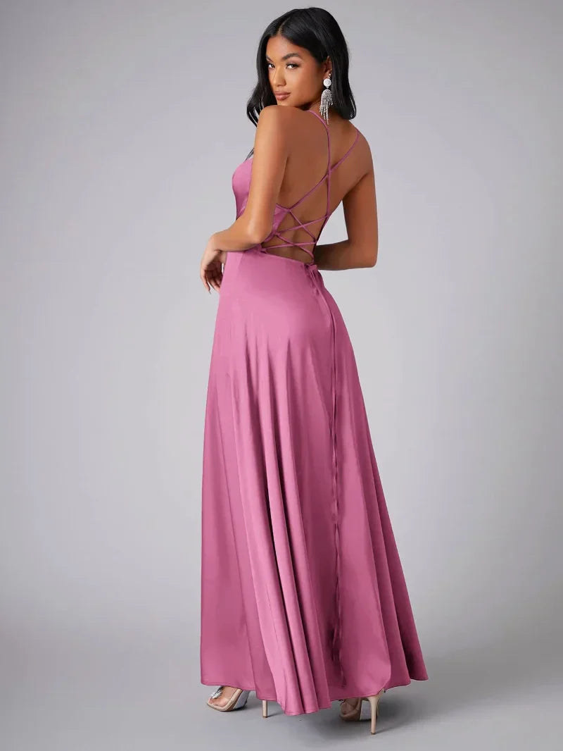 Women's silk maxi dress with low back neckline, suitable for formal occasions - Masha