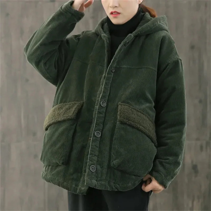 Padded Corduroy Hooded Jacket for Women | Weavena