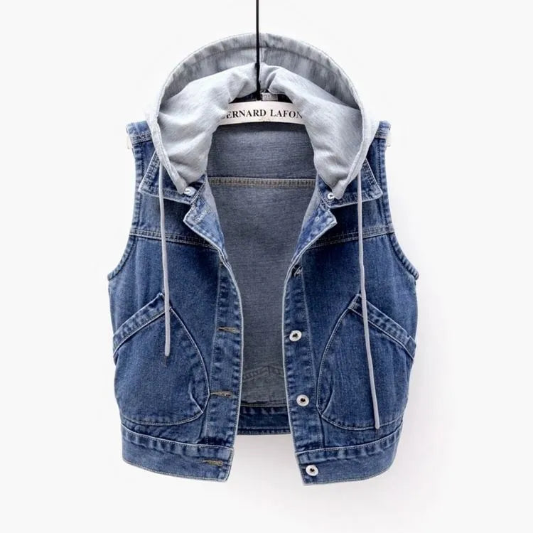 Denim Vest with Hood and Chest Pockets | Parenia