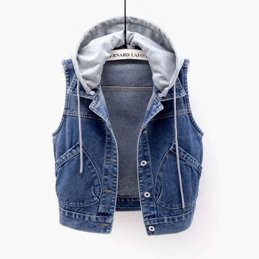 Denim Vest with Hood and Chest Pockets | Parenia