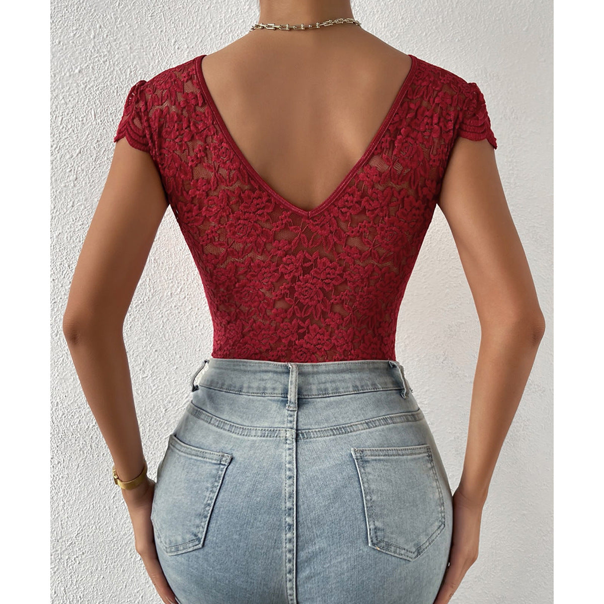 Short Sleeve V-Neck Lace Bodysuits | Azalea