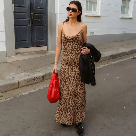 Vintage style leopard print spaghetti strap dress for women - Marta