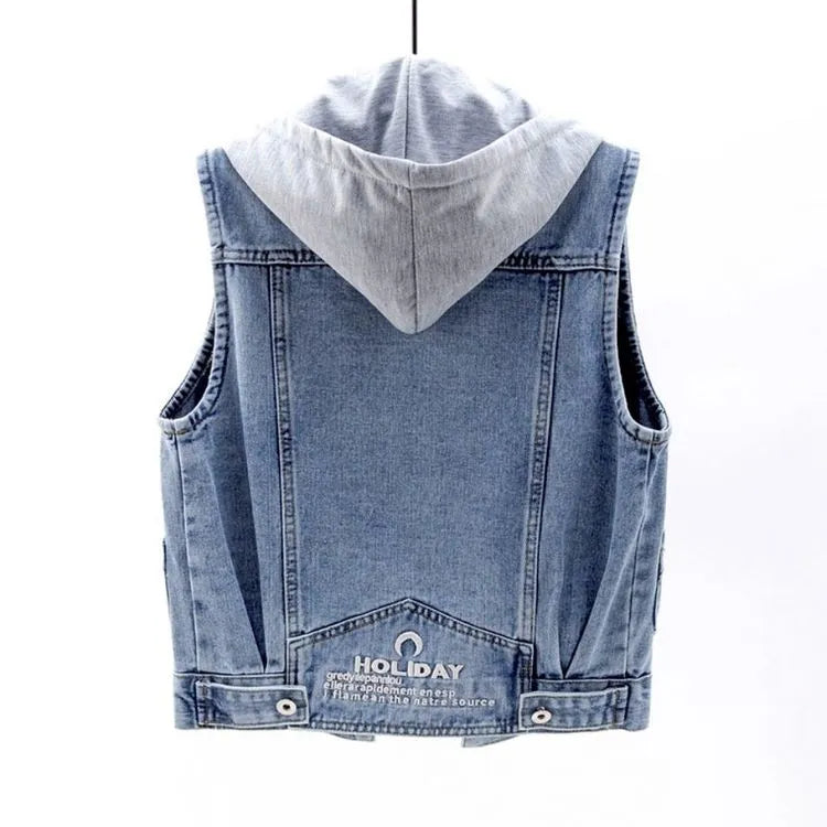 Denim Vest with Hood and Chest Pockets | Parenia