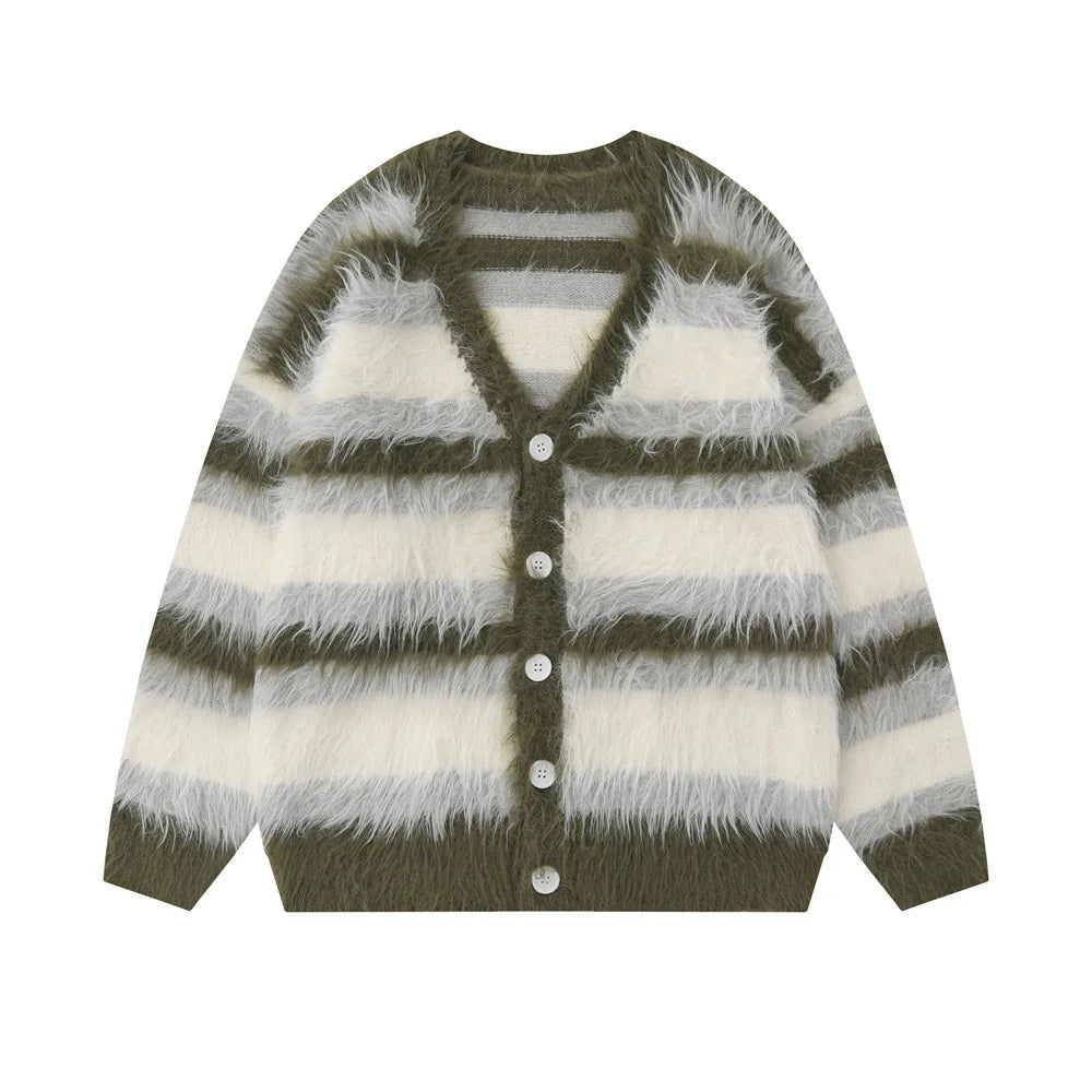 Fuzzy Striped Ribbed Trim Cardigan for Men | Skieto