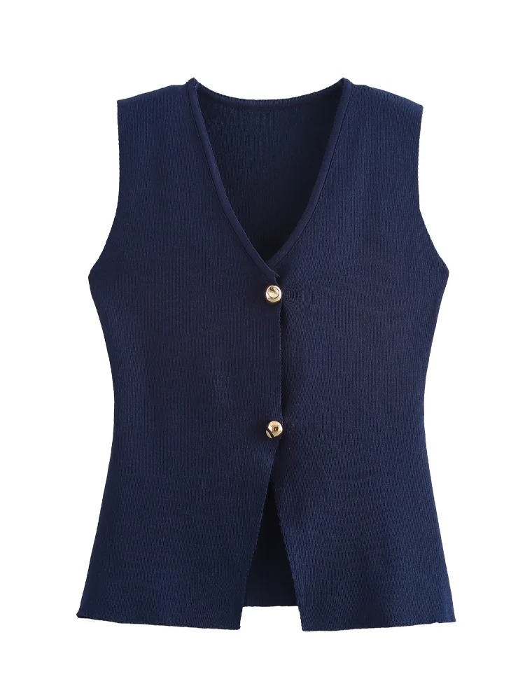 Solid color V-neck knitted vest for women - Darlene