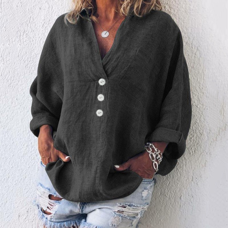 Long Sleeve Half Button Linen Shirt for Women | Charnie