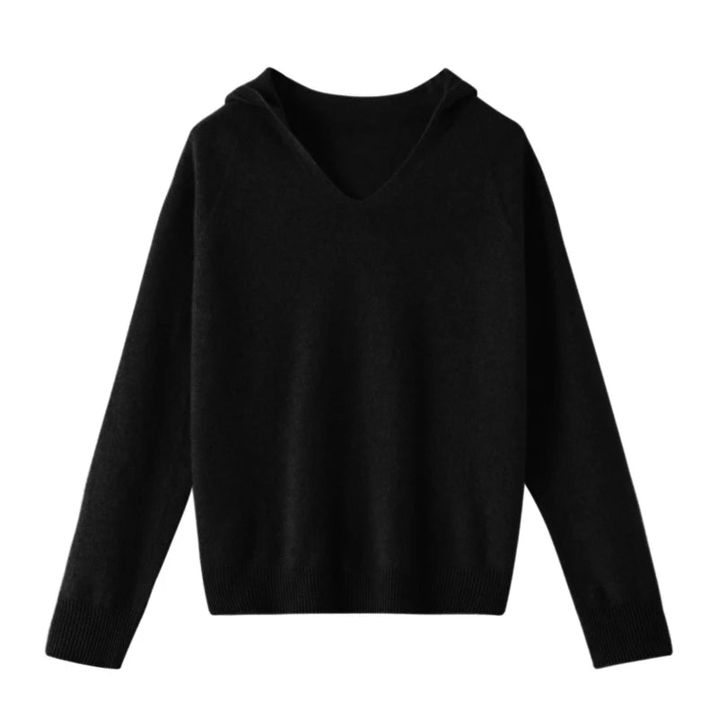 Cashmere V-Neck Sweater With Hood | Adrienne