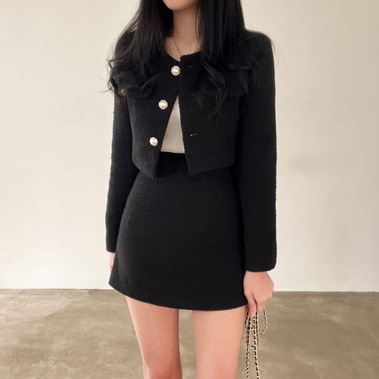 Textured Crop Blazer and Mini Skirt Two-Piece Set | Leslie