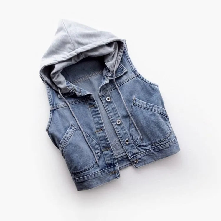 Denim Vest with Hood and Chest Pockets | Parenia