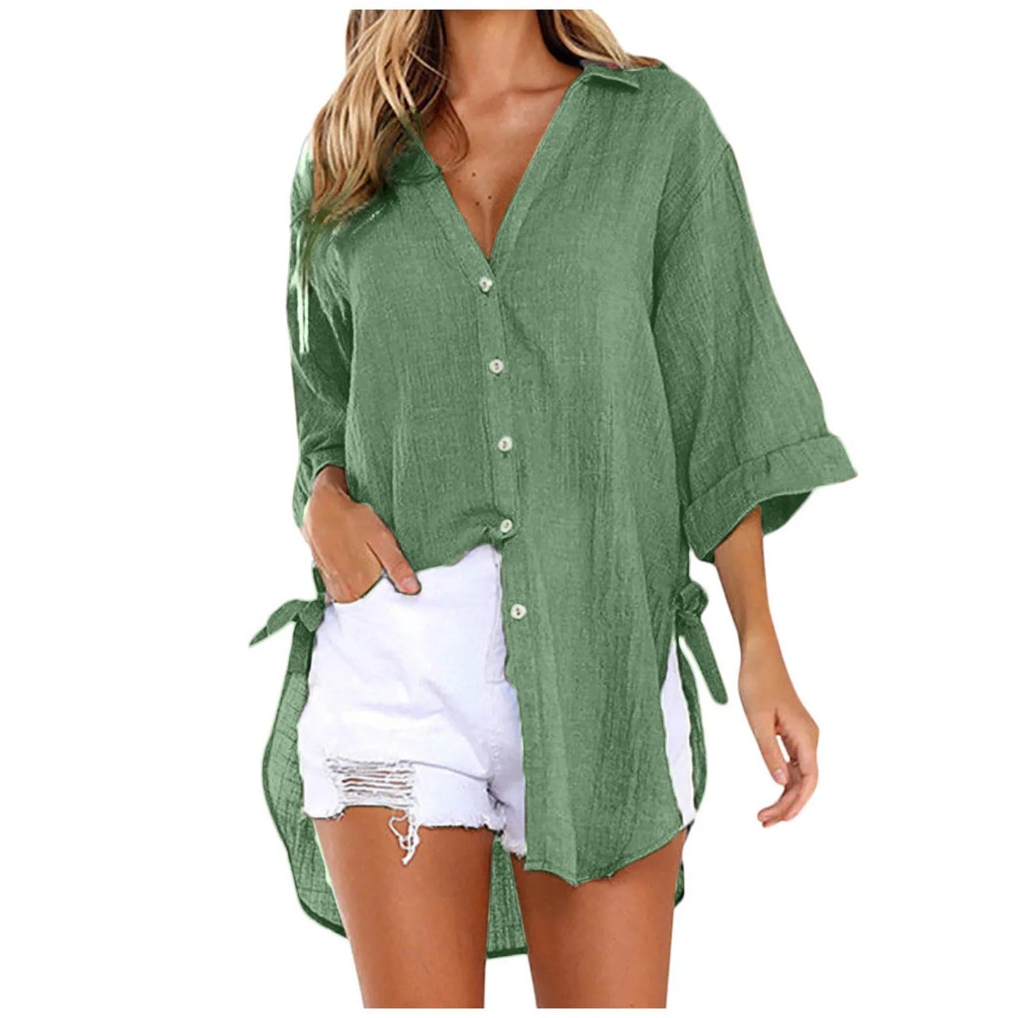 Oversized Short Sleeve Linen Button Shirt for Women | Samir