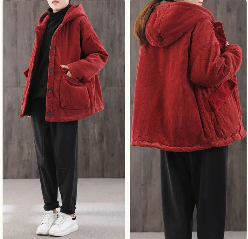 Padded Corduroy Hooded Jacket for Women | Weavena