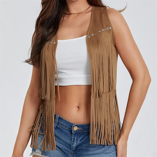 Women's vest made of faux suede with fringes - Tayna