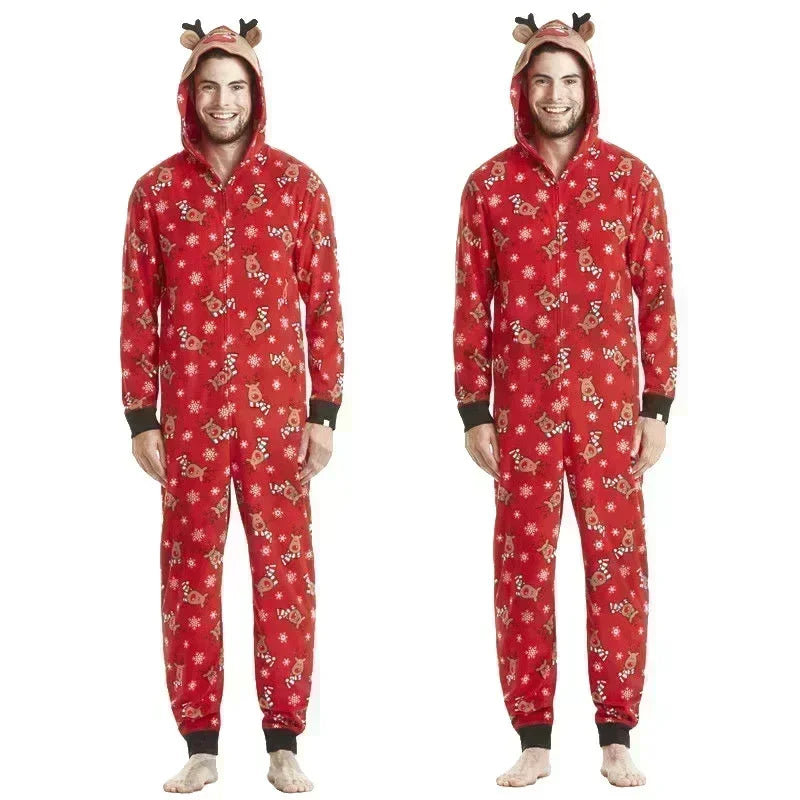 One-piece elk ear hooded jumpsuit and matching Christmas pajama set for the whole family - Elkax