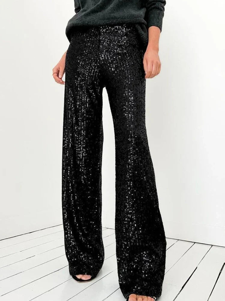 Silk sequined flared trousers for women | Shaki