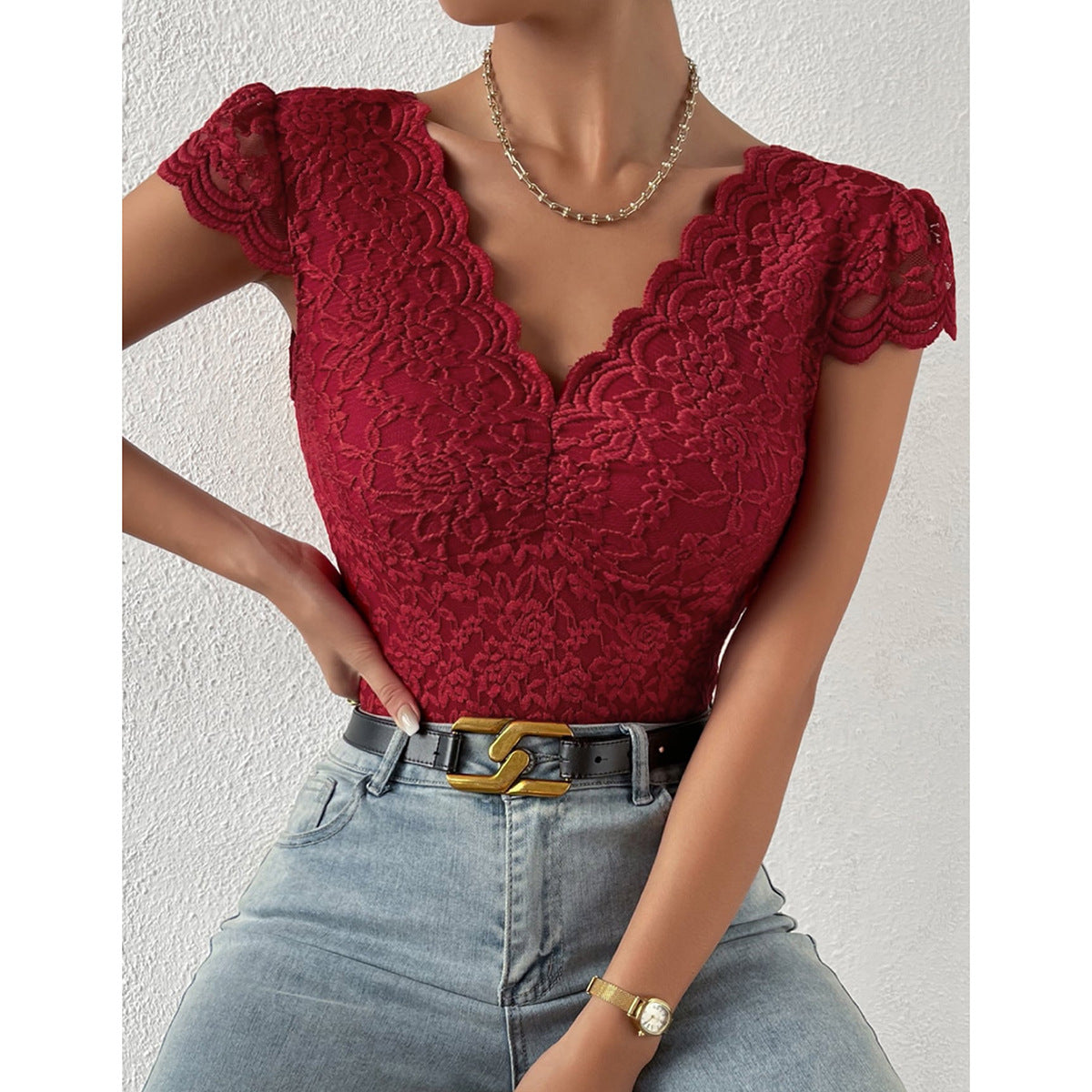 Short Sleeve V-Neck Lace Bodysuits | Azalea