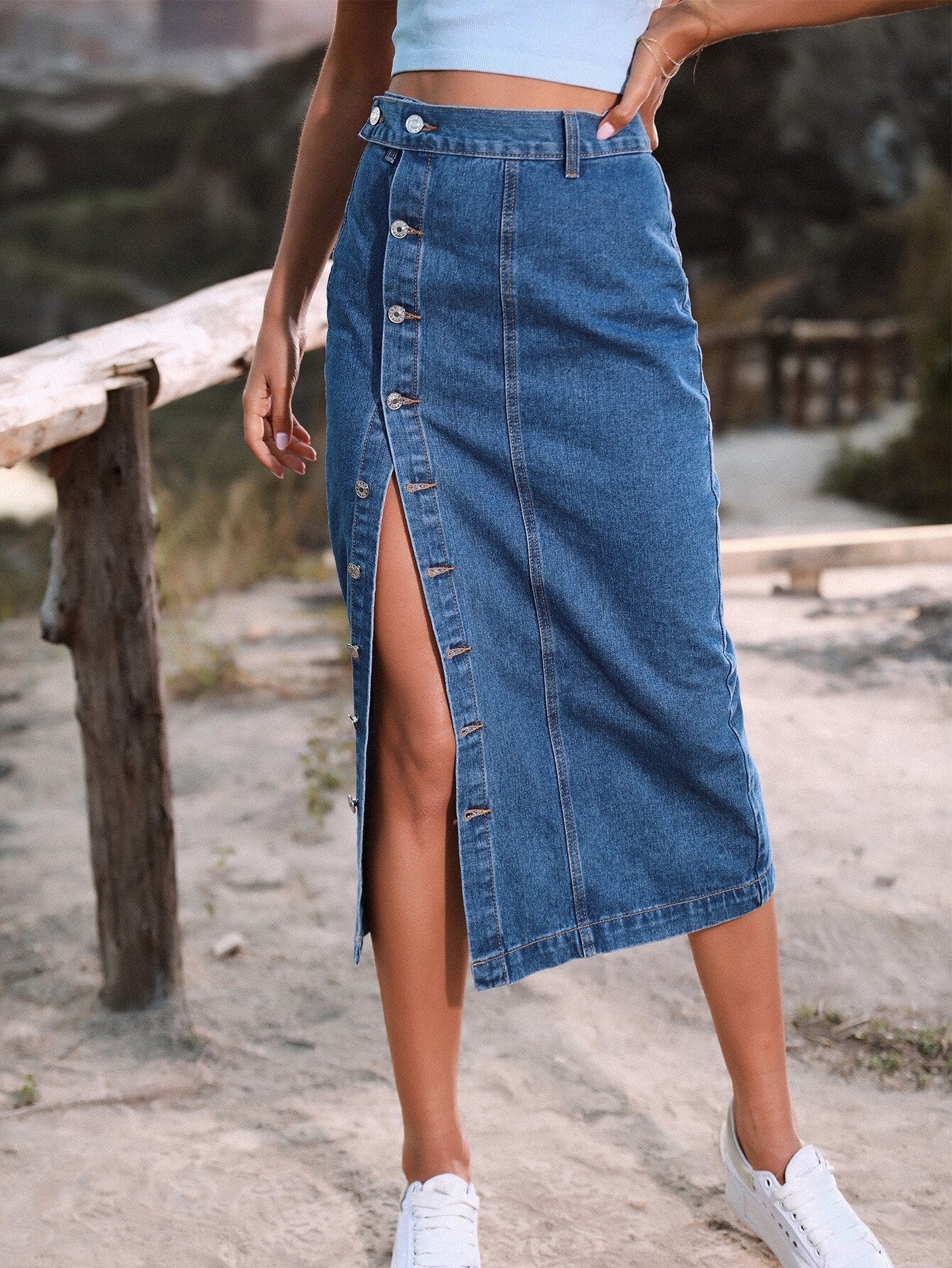 Side Button Midi Denim Skirt | Riley