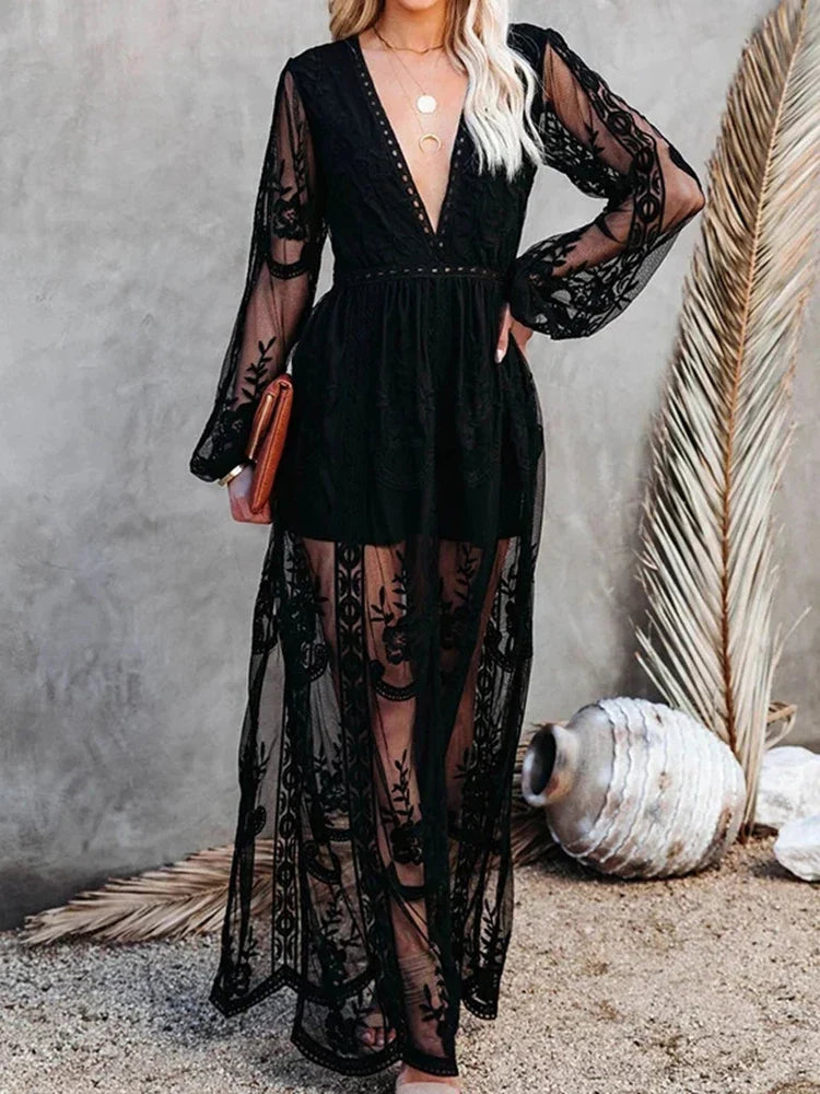 Boho Style Long Sleeve Mesh Lace Maxi Dress | Bethany