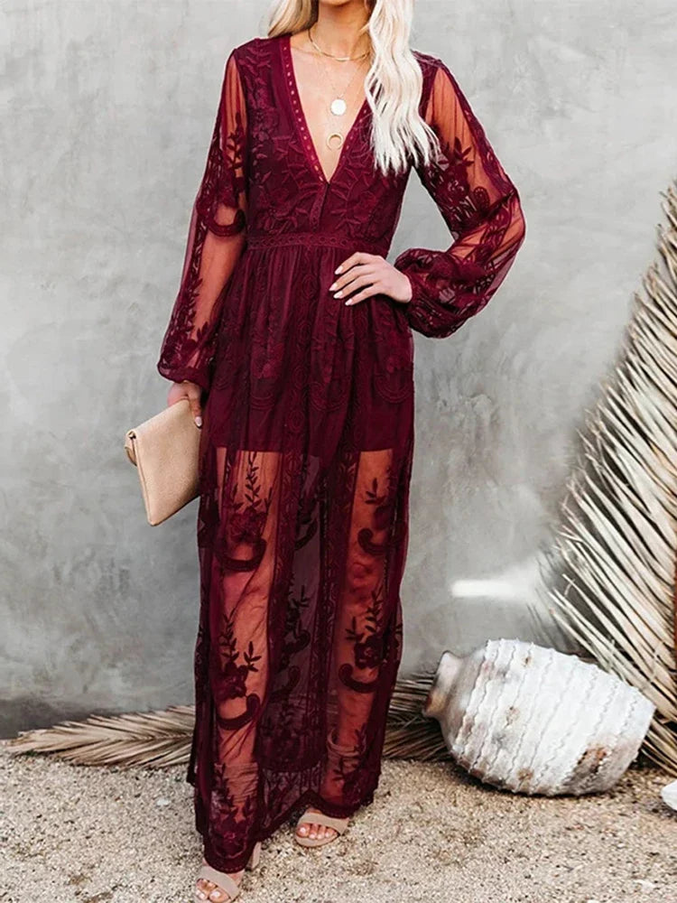 Boho Style Long Sleeve Mesh Lace Maxi Dress | Bethany