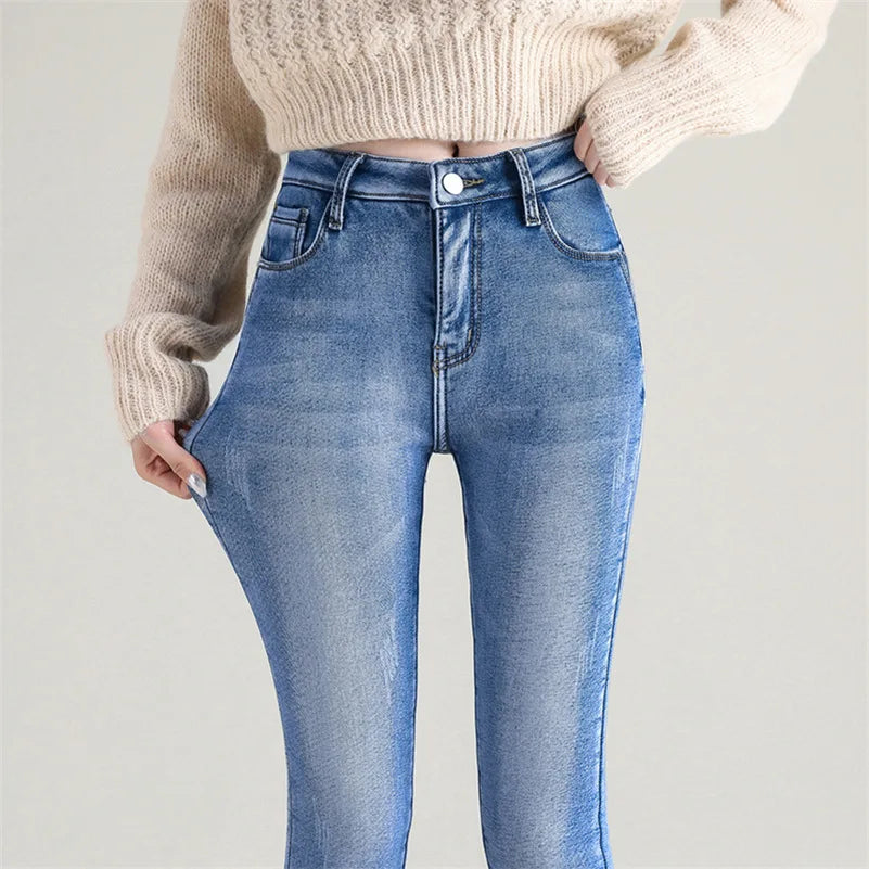 Denim stretch jeans for Woman with fleece inside | Lianna