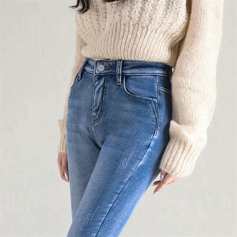 Denim stretch jeans for Woman with fleece inside | Lianna