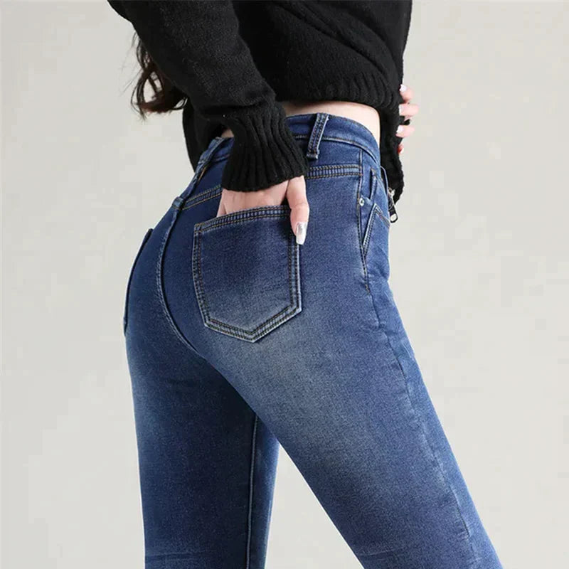 Denim stretch jeans for Woman with fleece inside | Lianna