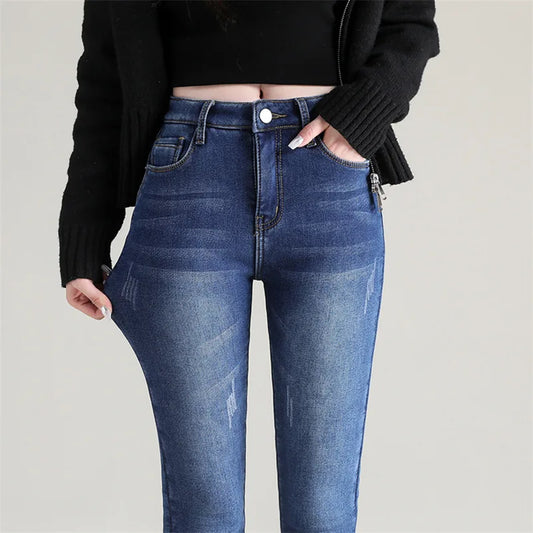 Denim stretch jeans for Woman with fleece inside | Lianna