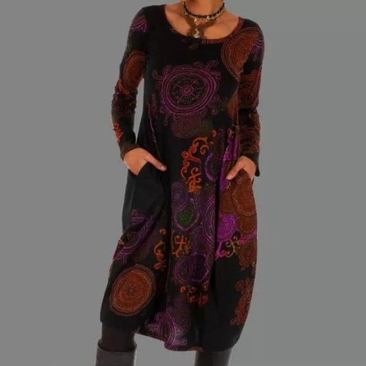 Vintage Boho Style Long Sleeve Midi Dress | Adalina