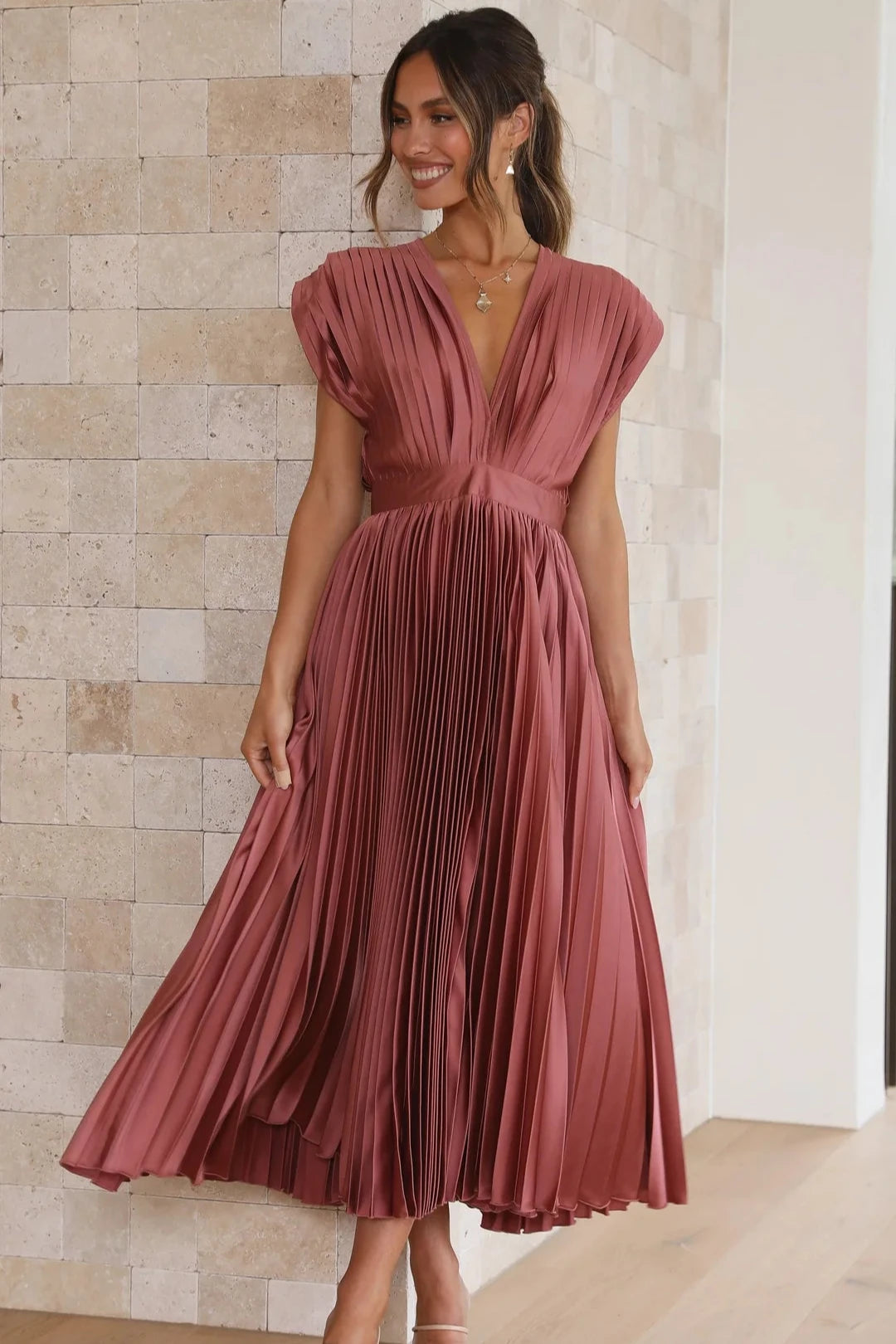 V-Neck Pleated Evening Midi Dress | Keisha