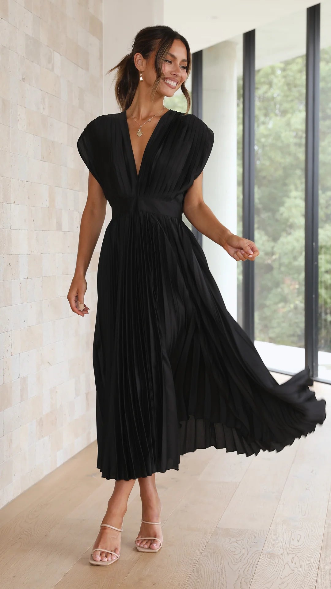 V-Neck Pleated Evening Midi Dress | Keisha