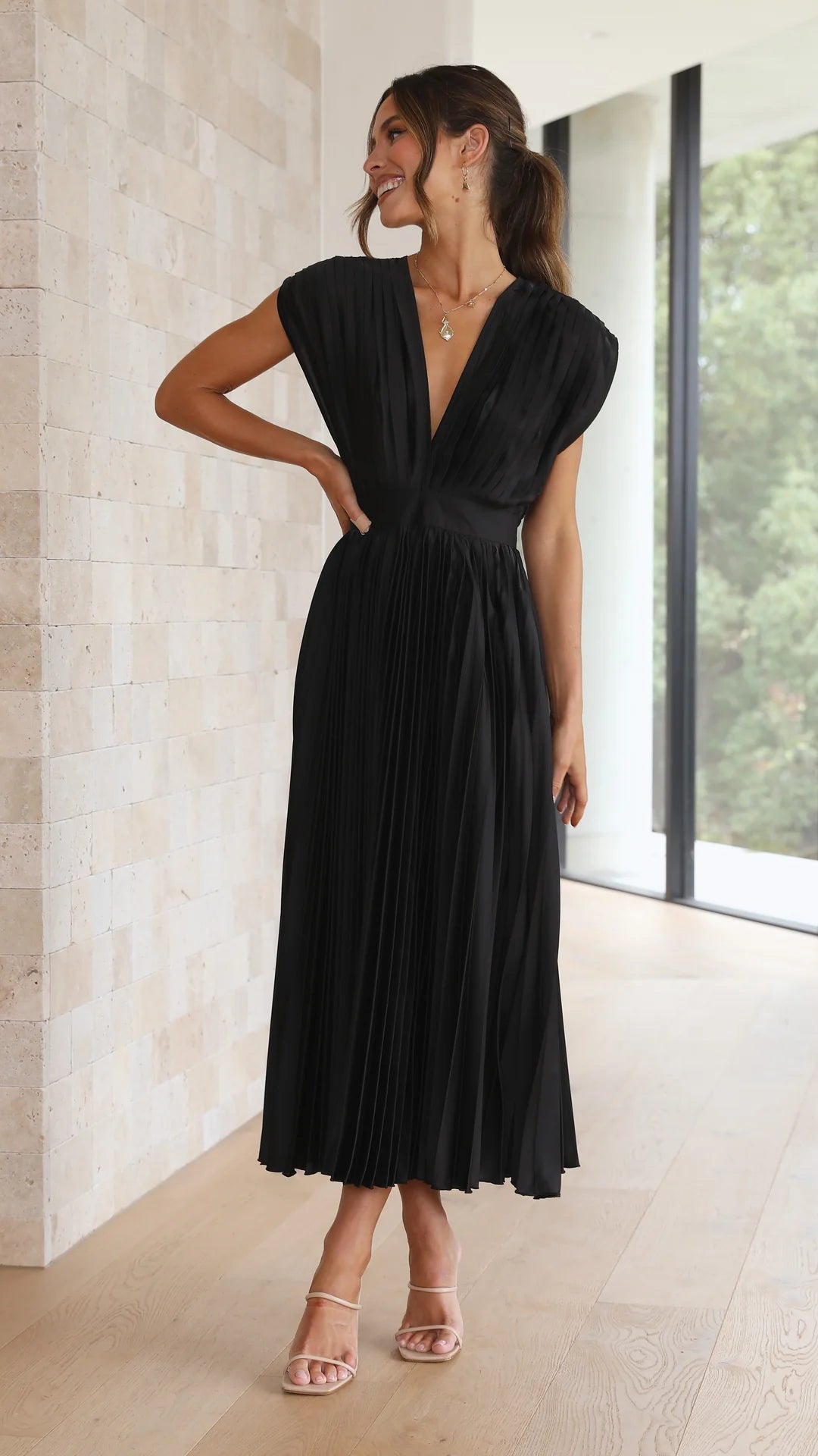 V-Neck Pleated Evening Midi Dress | Keisha