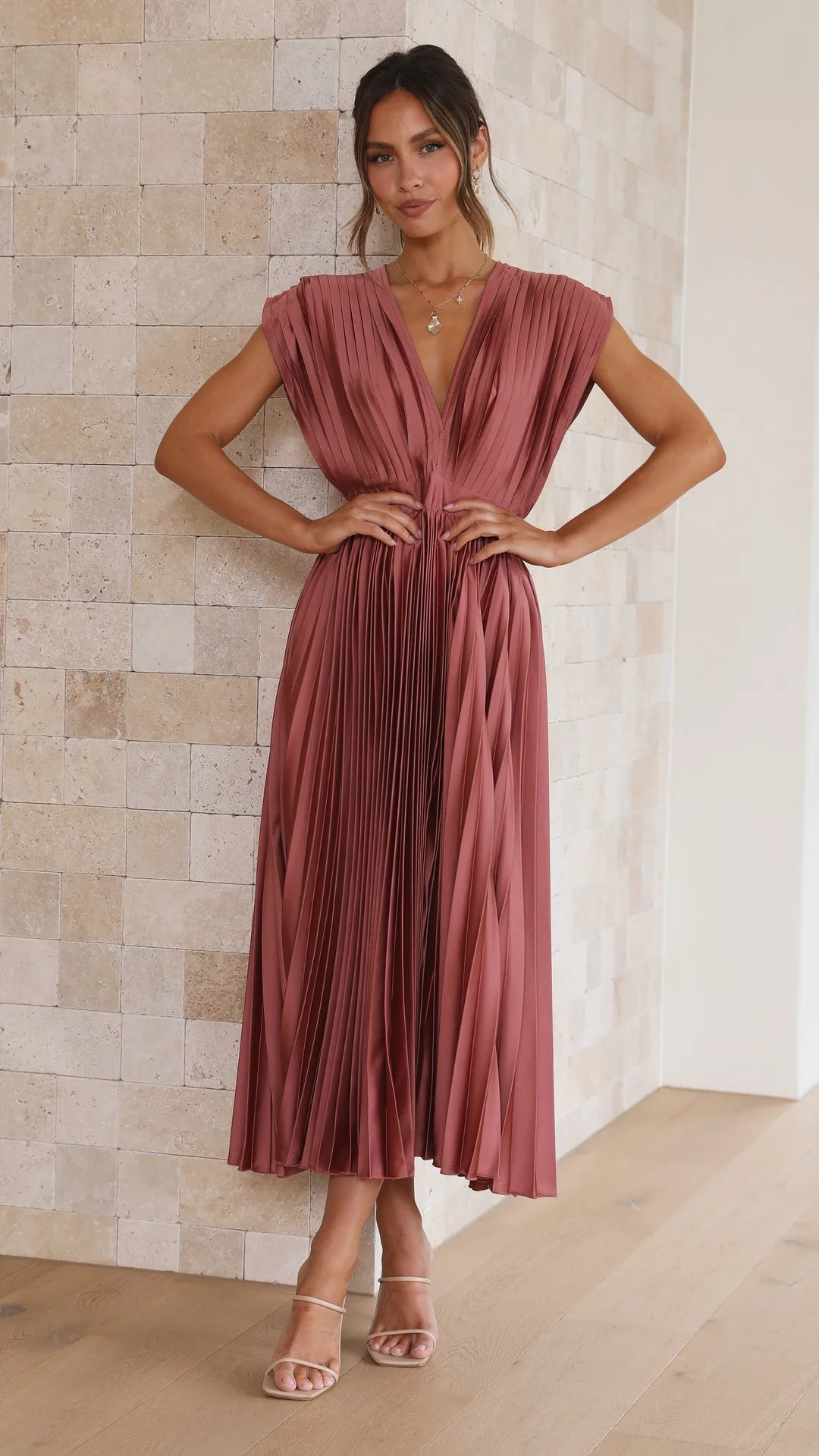 V-Neck Pleated Evening Midi Dress | Keisha