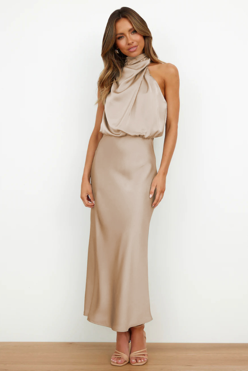 Asymmetric Halter Neck Satin Midi Dress | Joyren