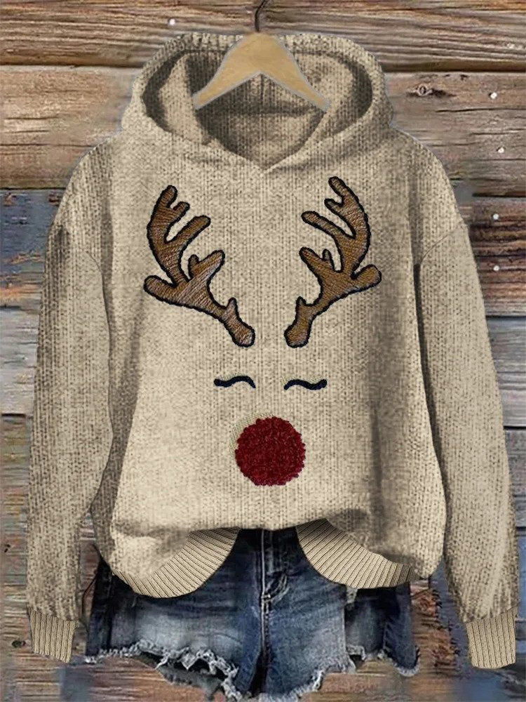 Knitted Christmas hoodie with reindeer embroidery - Albia