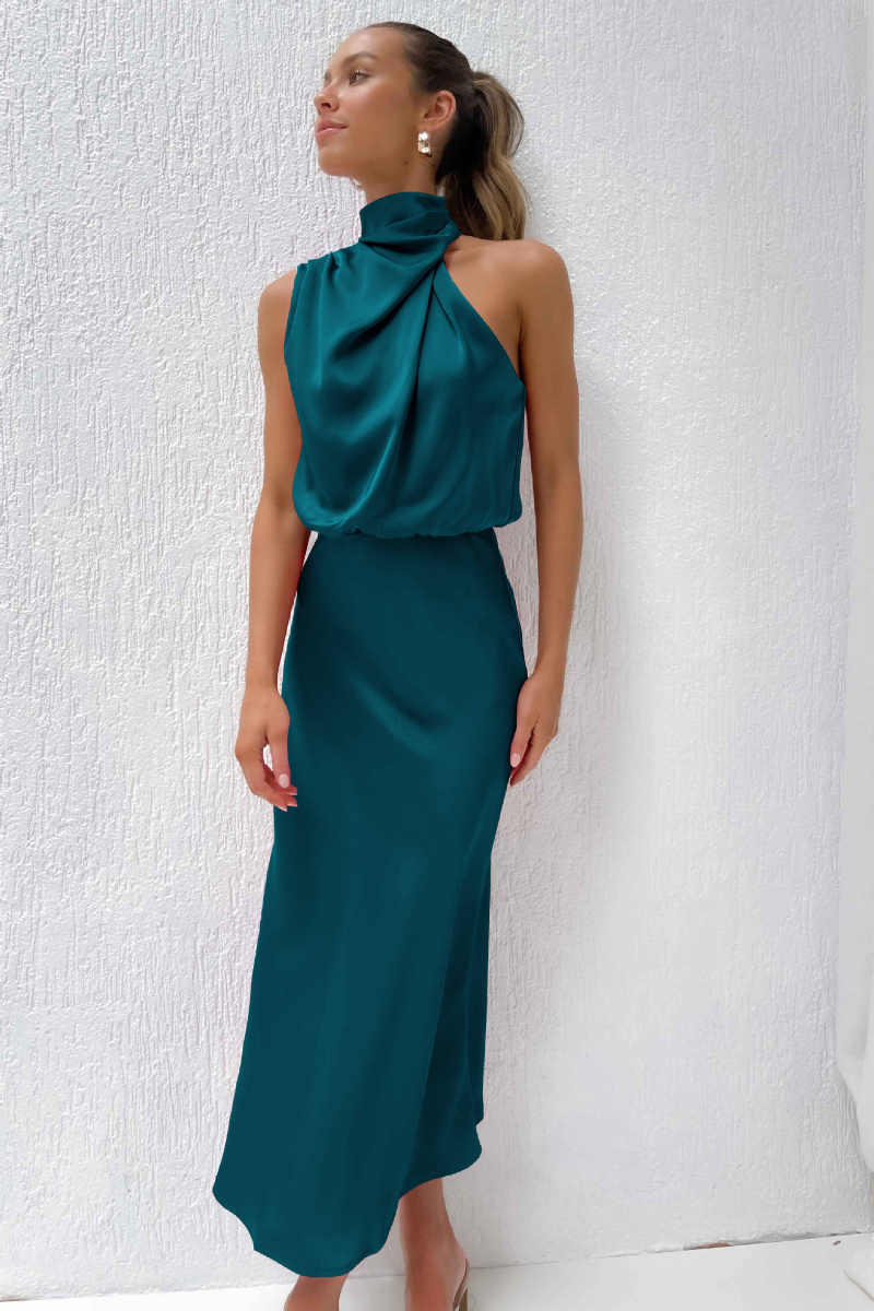 Asymmetric Halter Neck Satin Midi Dress | Joyren