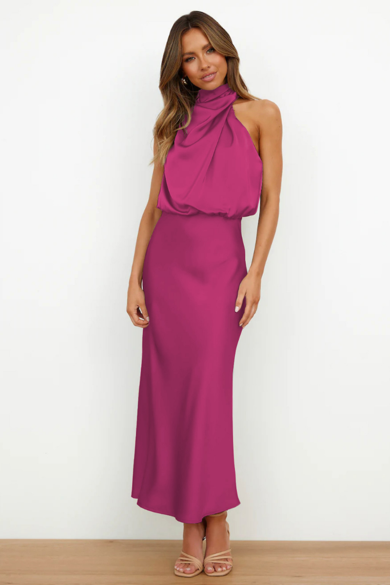 Asymmetric Halter Neck Satin Midi Dress | Joyren